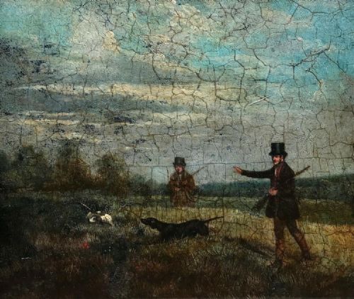 fig 1. Signed English School Original Early 19th Century Antique Oil Painting on Wooden Panel, Gentlemen & Hounds Hunting Landscape