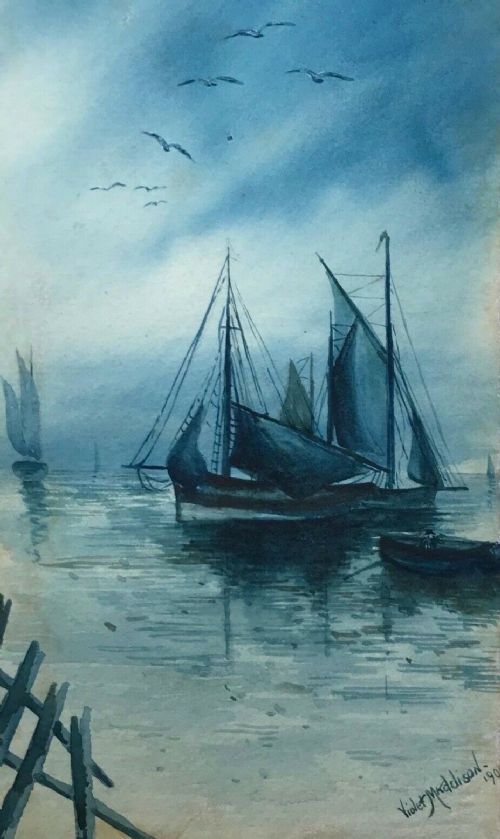Violet Maddison 1901 Original Antique English Watercolour Painting Seascape with Boats Scene