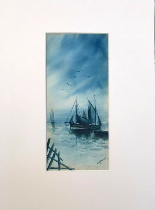 fig 1. Violet Maddison 1901 Original Antique English Watercolour Painting Seascape with Boats Scene