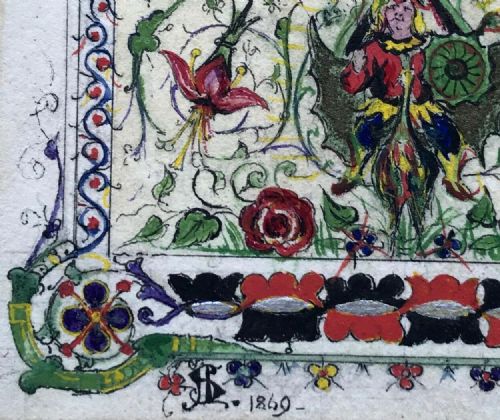 fig 1. Signed Original 1869 Watercolour Painting & Ink Drawing Illuminated Script