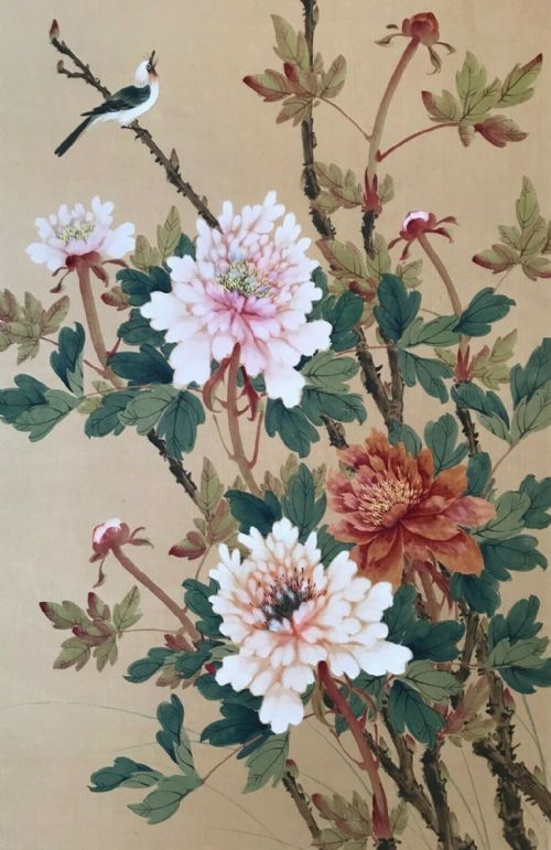 fig 1. Large Original Signed Early 20th century Chinese School Watercolour Silk Painting Peonies & Birds