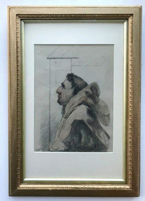Signed Original Vintage Watercolour & Charcoal Drawing, Monk in a Cowl Portrait