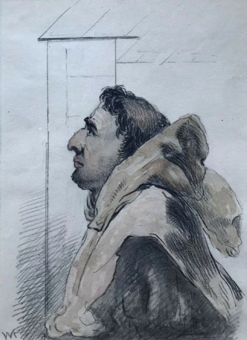 fig 1. Signed Original Vintage Watercolour & Charcoal Drawing, Monk in a Cowl Portrait