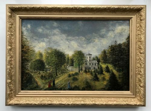 Original 19th Century Antique Oil Painting Italian Renaissance Architecture Country House Garden Landscape with Figures