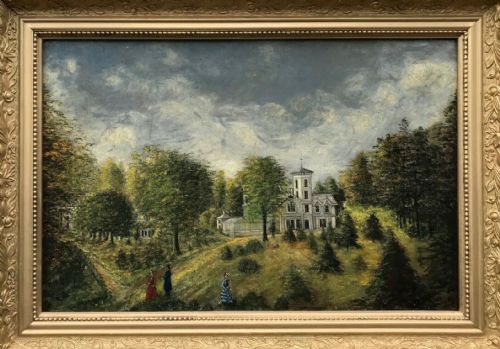 fig 1. Original 19th Century Antique Oil Painting Italian Renaissance Architecture Country House Garden Landscape with Figures