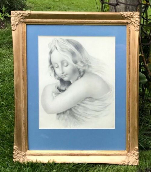 Signed Original 19th Century Antique Pencil Drawing Portrait of a Renaissance Style Lady Mounted & Framed