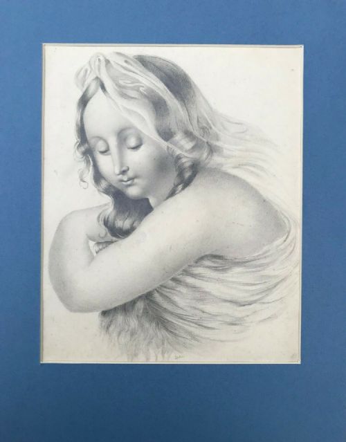 fig 1. Signed Original 19th Century Antique Pencil Drawing Portrait of a Renaissance Style Lady Mounted & Framed