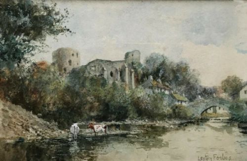 Leyton Forbes Original Antique Early 20th Century Watercolour Painting Landscape with Cattle at Barnard Castle