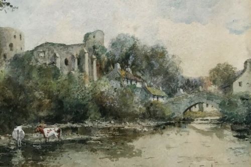fig 1. Leyton Forbes Original Antique early 20th Century Watercolour Painting Landscape with Cattle at Barnard Castle