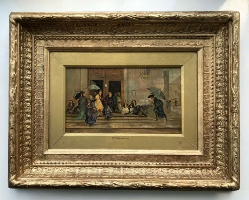 Rp Bonington Antique Signed Original 19th Century Oil Painting on Panel Church Entrance Townscape Scene
