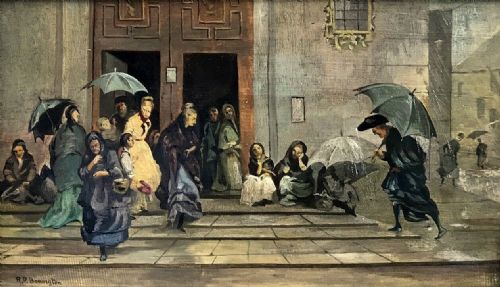 fig 1. RP Bonington Antique Signed Original 19th Century Oil Painting on Panel Church Entrance Townscape Scene