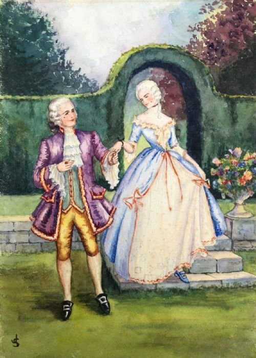 fig 1. Signed with Monogram JS Original early 20th Century Antique Watercolour Painting Georgian Figures in a Garden