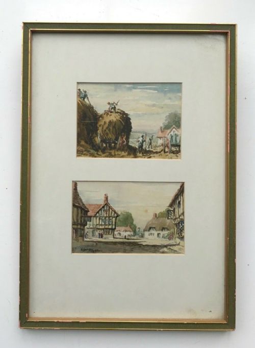C Jones 1944 Signed 2 Original Vintage Watercolour Paintings Presented Together Haymaking & Village Landscapes