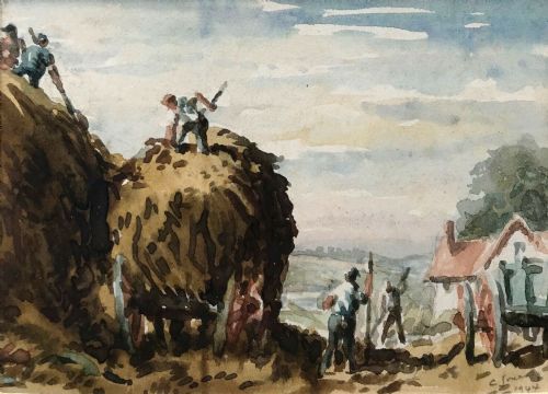 fig 1. C Jones 1944 Signed 2 Original Vintage Watercolour Paintings Presented Together Haymaking & Village Landscapes