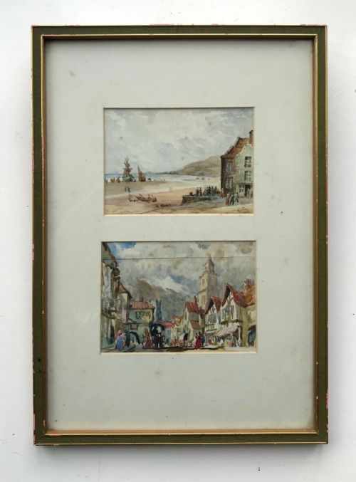 C Jones 1944 Signed 2 Original Vintage Watercolour Paintings Coastal & Town View Landscapes