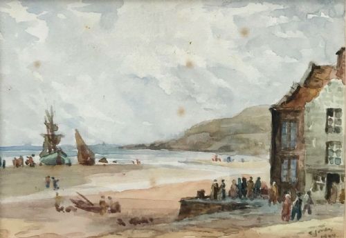 fig 1. C Jones 1944 Signed 2 Original Vintage Watercolour Paintings Coastal & Town View Landscapes