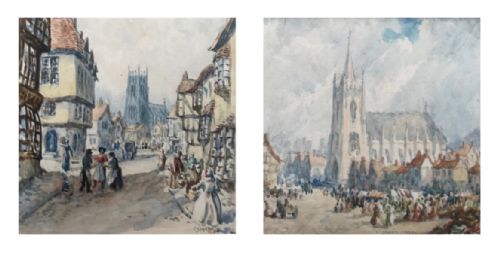 C Jones 1944 Signed 2 Original Vintage Early 20th Century Watercolour Paintings Cathedral & Market