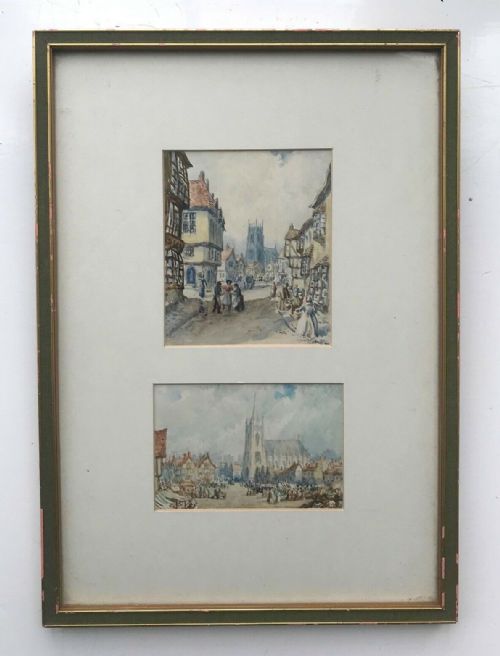 fig 1. C Jones 1944 Signed 2 Original Vintage early 20th Century Watercolour Paintings Cathedral & Market