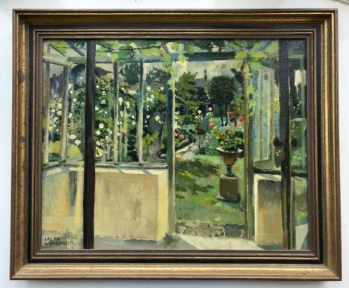 Alan Longmuir Dated 1950 Original Mid 20th Century Vintage English Oil Painting 'View Through the Conservatory' Garden Landscape Study