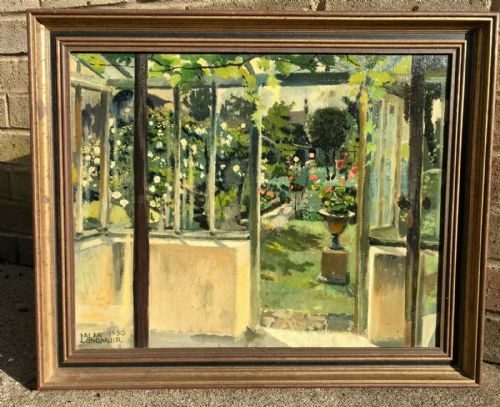 fig 1. Alan Longmuir Dated 1950 Original Mid 20th Century Vintage English Oil Painting 'View through the Conservatory' Garden landscape Study