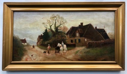 Original 1922 Signed E Chaplin Antique Naïve Oil Painting on Canvas Village with Figures & Horses on a Country Lane Landscape
