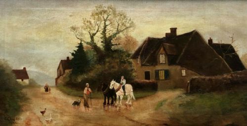fig 1. Original 1922 Signed E Chaplin Antique Naïve Oil Painting on Canvas Village with Figures & Horses on a Country Lane Landscape