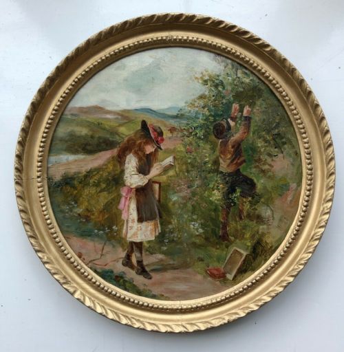 English School Original Antique 19th Century Circular Oil Painting Boy Collecting Berries & Girl Reading