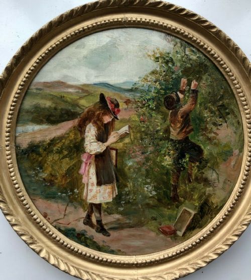 fig 1. English School Original Antique 19th Century Circular Oil Painting Boy Collecting Berries & Girl Reading