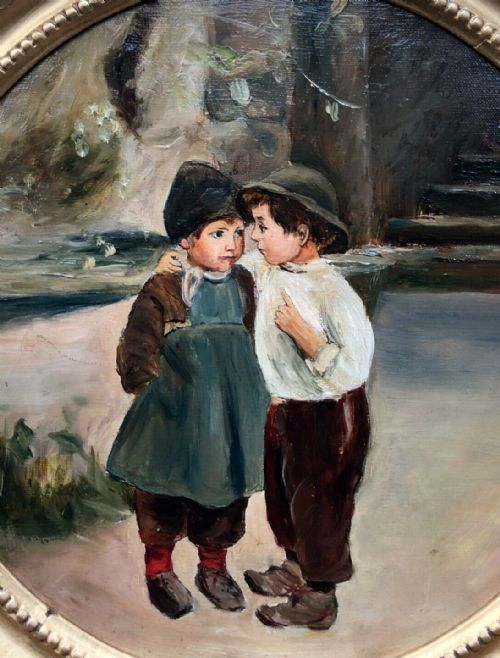 fig 1. English School Original Antique 19th century Circular Oil Painting Young Dutch Boy & Girl Portrait Study