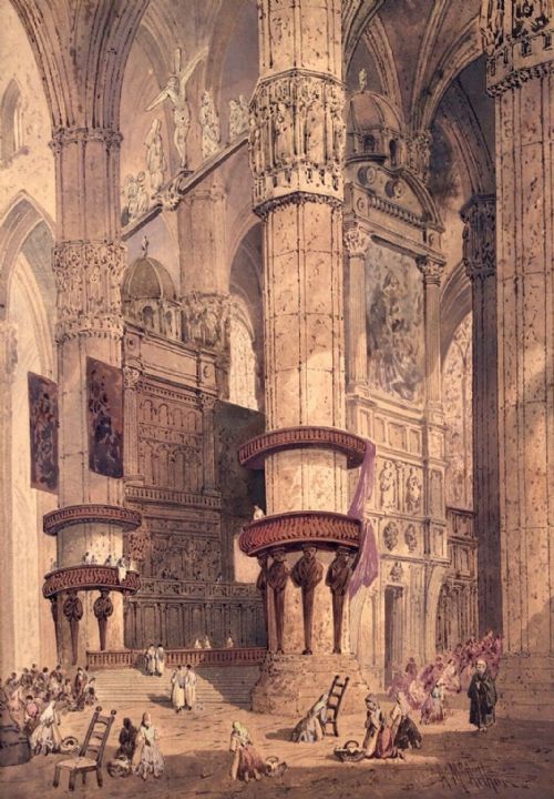 fig 1. Signed A McArthur Original Early 19th Century Antique Watercolour Painting French Cathedral Interior Study