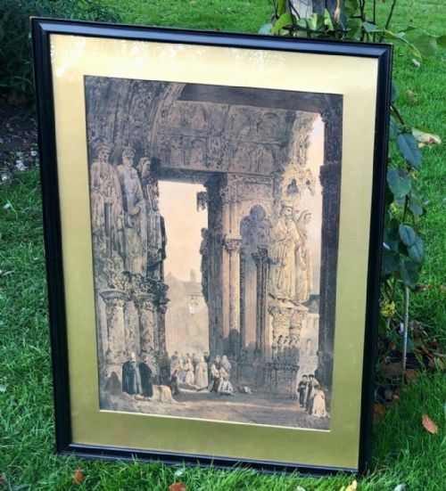 Signed Arthur Mcarthur Original Early 19th Century Antique Watercolour Painting Chartres Cathedral Porch France