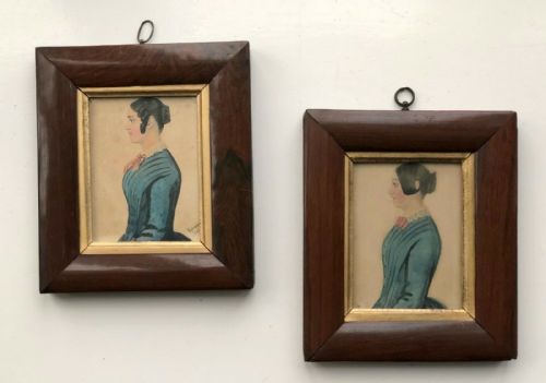 Patrick Wybrant Irish Original 1854 Pair of Antique Miniature Watercolour Portrait Paintings on Original Wooden Glazed Frames