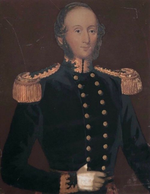 British School Original 19th Century Antique Watercolour Portrait Painting Naval Officer in Uniform