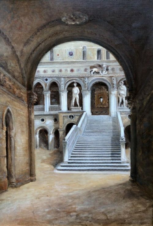 fig 1. S A Doidge Original 19th Century Antique Oil Painting on Canvas Entrance to Doge's Palace Venice Italy Italian Architecture