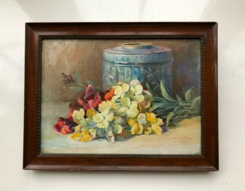 fig 1. Isabelle I Perkins Original 1919 Antique English Watercolour Painting Still Life Flowers