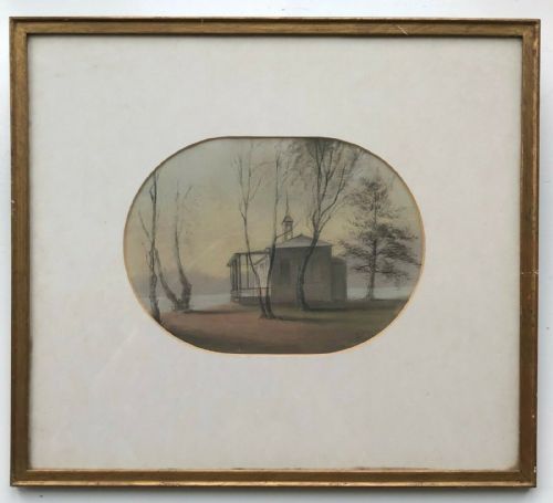 fig 1. Chapel near St Petersburg Original Antique 1850 Watercolour Painting Monogram Signed SL?