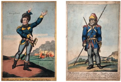 Two Rare 18th Century Hand Coloured Historical Engravings Irish Chief Wexford & the Cossack