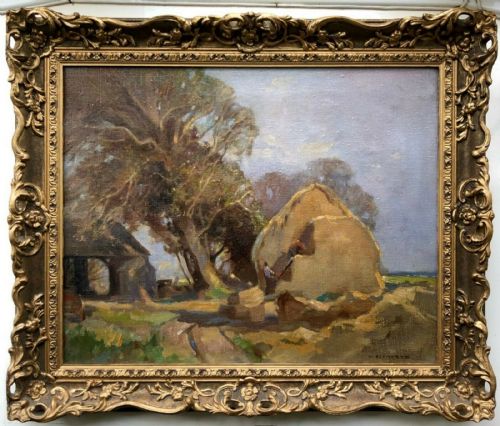 William Josiah Redworth Signed Original Early 20th Century Oil Painting on Canvas Figures Haymaking Landscape
