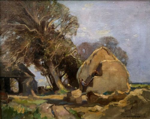 fig 1. William Josiah Redworth Signed Original Early 20th Century Oil Painting on Canvas Figures Haymaking Landscape