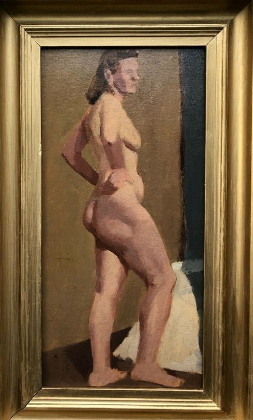 Original English School Antique Oil Painting on Board Female Standing Nude Portrait