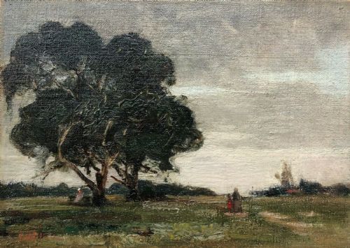 fig 1. Circle of Kershaw Schofield Original early 20th century Antique Oil Painting on canvas Figures Walking on a Country Path English Landscape