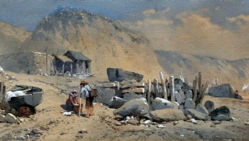 T L Rowbotham (1851 No. 388) Original 19th Century Antique English Watercolour Painting Figures on a Beach Landscape
