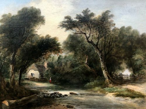 Original Mid 19th Century Antique Oil Painting on Canvas Figure by Thatched Cottage Brook House Surrey Landscape