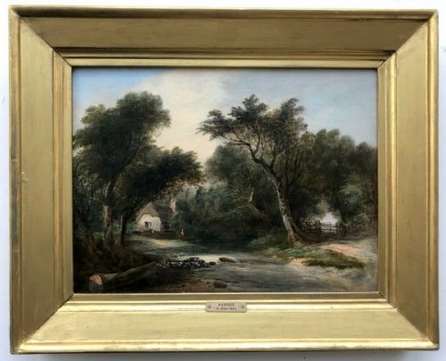 fig 1. Original Mid 19th Century Antique Oil Painting on Canvas Figure by Thatched Cottage Brook House Surrey Landscape