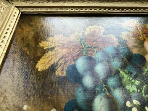 fig 1. Signed Original 20th Century Oil Painting Canvas on Board Still Life Flowers Strawberries & Grapes