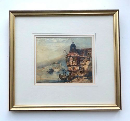 Samuel Prout Signed Original Early 19th Century Antique Watercolour Painting Lahnstein on Rhine Continental Landscape