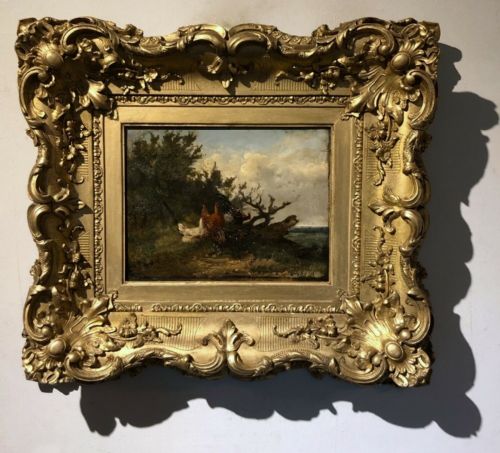 Original Antique Oil Painting on Wood Panel Chickens in a Landscape Presented in Ornate Period Frame