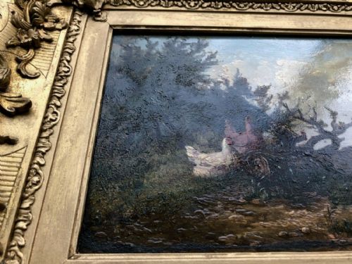 fig 1. Original Antique Oil Painting on Wood Panel Chickens in a Landscape Presented in Ornate Period frame