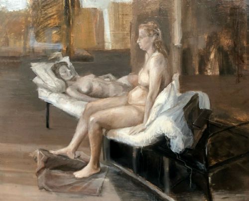 Walter Goodin Signed Original Oil Painting on Board Nude Portrait of Seated Females Incl. Artist's Wife