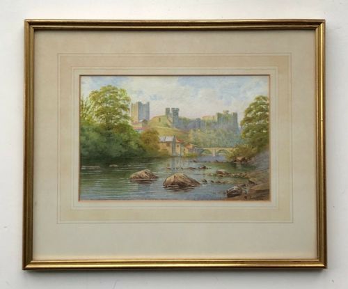 fig 1. Signed Leathley 1950 Original English Watercolour Painting of Richmond Castle & River Yorkshire Landscape